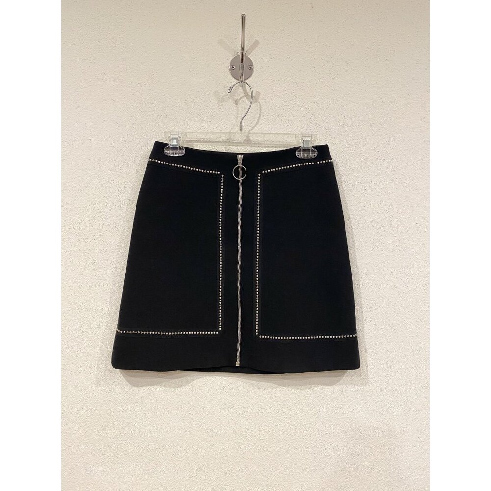 Black Zip-Front A-Line Skirt with Stud Trim